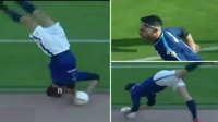 شاهد.. لاعب يسدد رمية تماس من مسافة 50 مترا بطريقة "أكروباتية - بهلوانية"