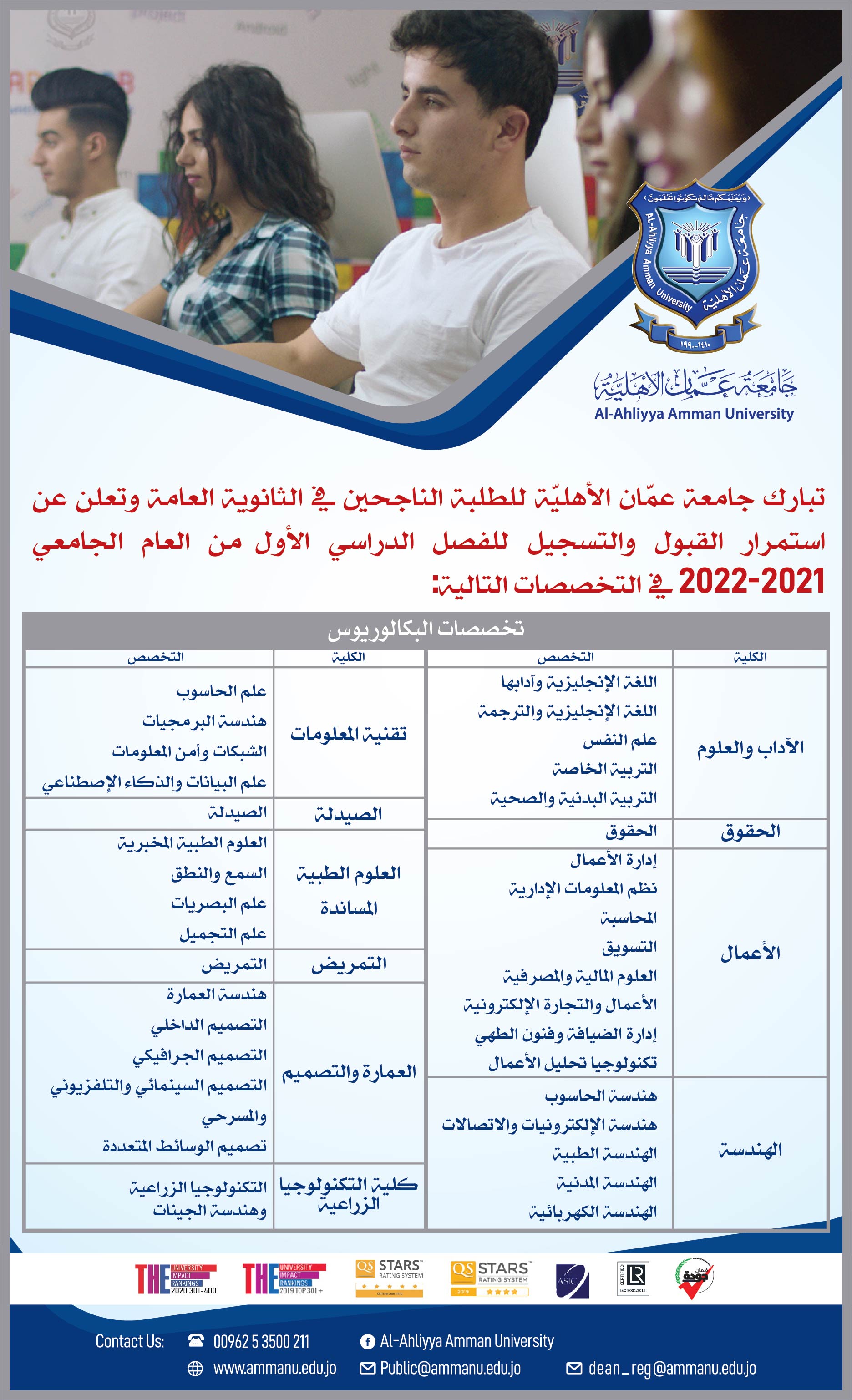  عمان الأهلية  تعلن عن استمرار القبول والتسجيل في تخصصات درجة البكالوريوس للفصل الأول من العام الجامعي 2021-2022   