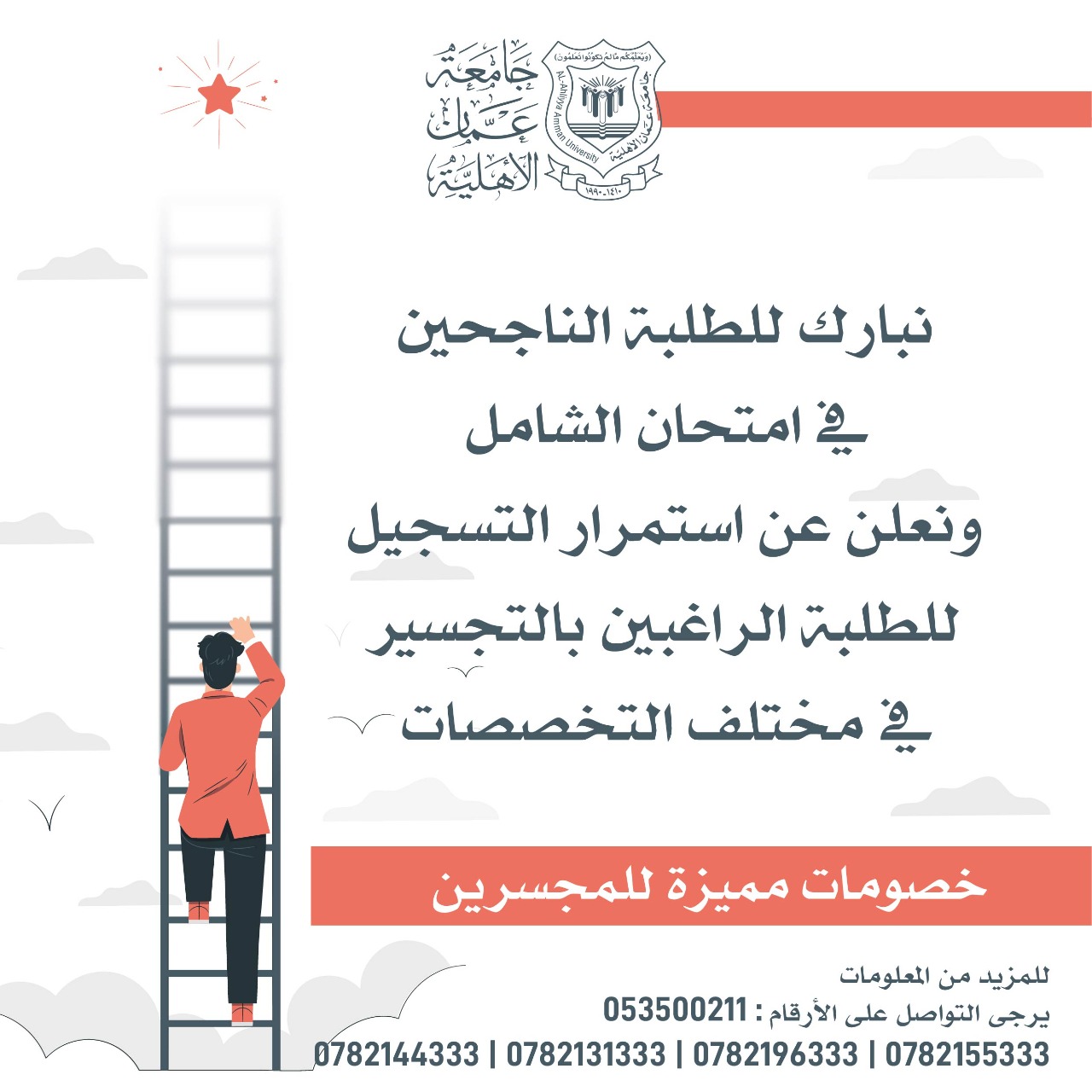 عمان الاهلية تهنئ الناجحين في "الشامل 2021" وتعلن عن استمرار التسجيل للطلبة الراغبين بالتجسير في تخصصاتها المتميزة