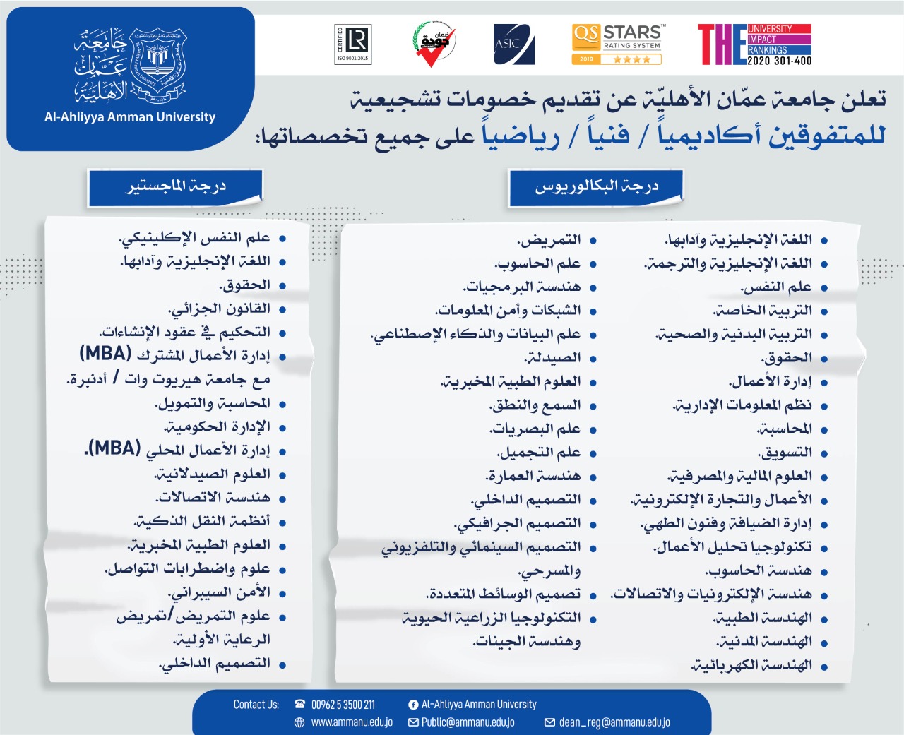 عمان الأهلية  تعلن عن تقديم خصومات تشجيعية للمتفوقين (أكاديمياً / فنياً / رياضياً) على جميع تخصصاتها