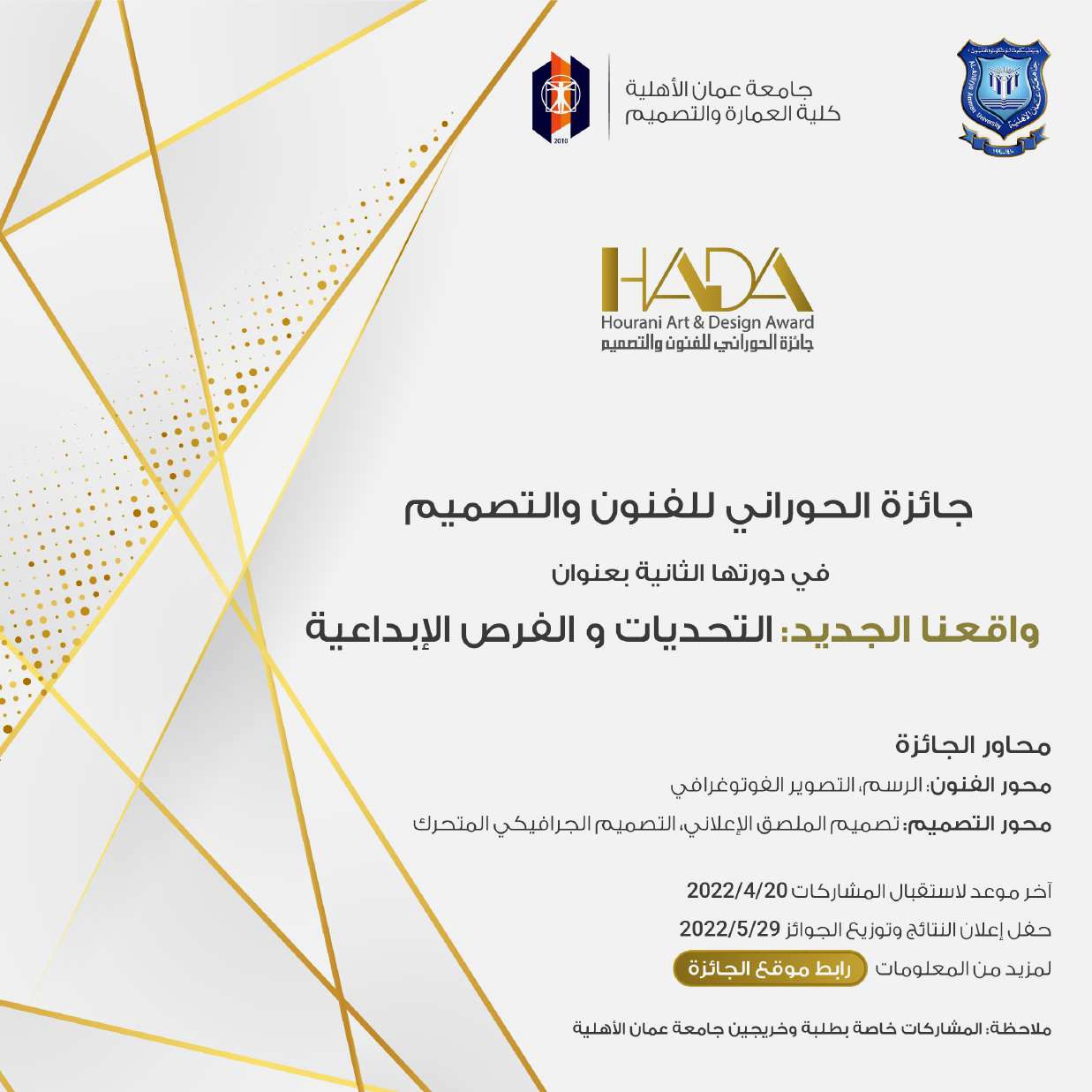 عمان الأهلية تطلق جائزة الحوراني للفنون والتصميم في دورتها الثانية