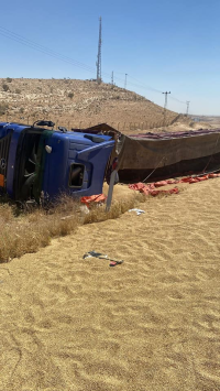 تدهور شاحنة محملة بالحبوب على الطريق الصحراوي