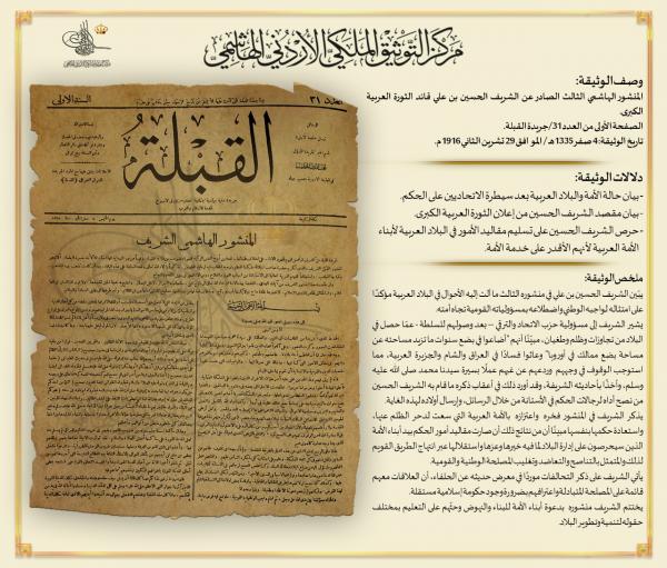 مركز التوثيق الملكي يعرض وثيقة بمناسبة ذكرى الثورة العربية الكبرى
