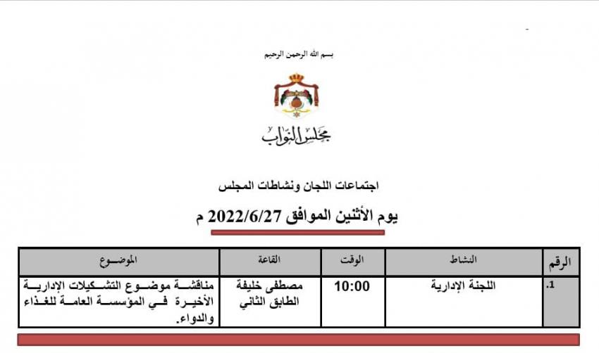إدارية النواب تناقش تشكيلات مؤسسة الغذاء والدواء