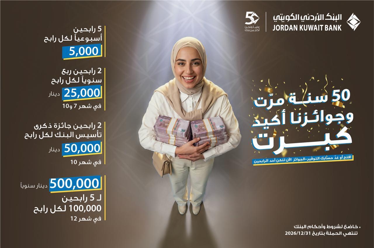 البنك الأردني الكويتي يطلق حملة جوائز حسابات التوفير – الجوائز لعام 2026  تحت شعار: "50 سنة مرّت وجوائزنا أكيد كبرت"