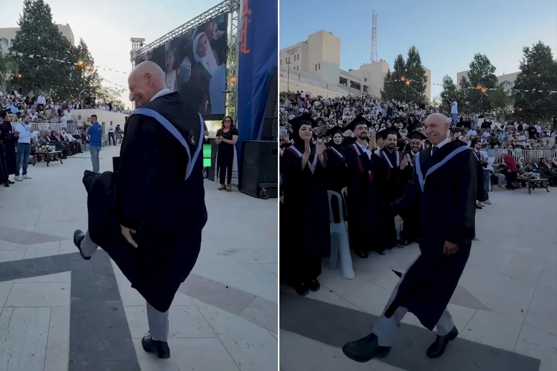 استاذ جامعي يخطف الانظار برقصة عفوية في حفل تخرج طلابه بنابلس